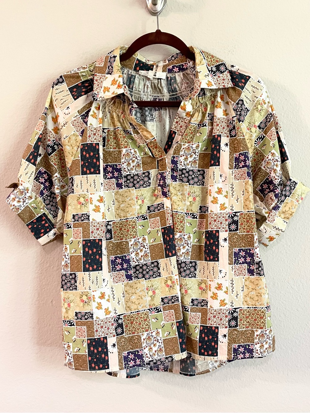 Entro Floral Patchwork Puff Sleeves Popover Cotton Top Size Small
